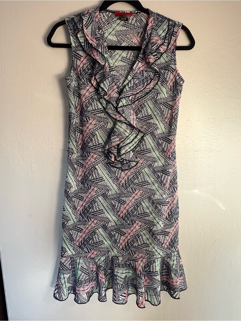Vintage Vivienne Tam Geometric Abstract Mesh 90s 00s Y2K Ruffle Dress Petite